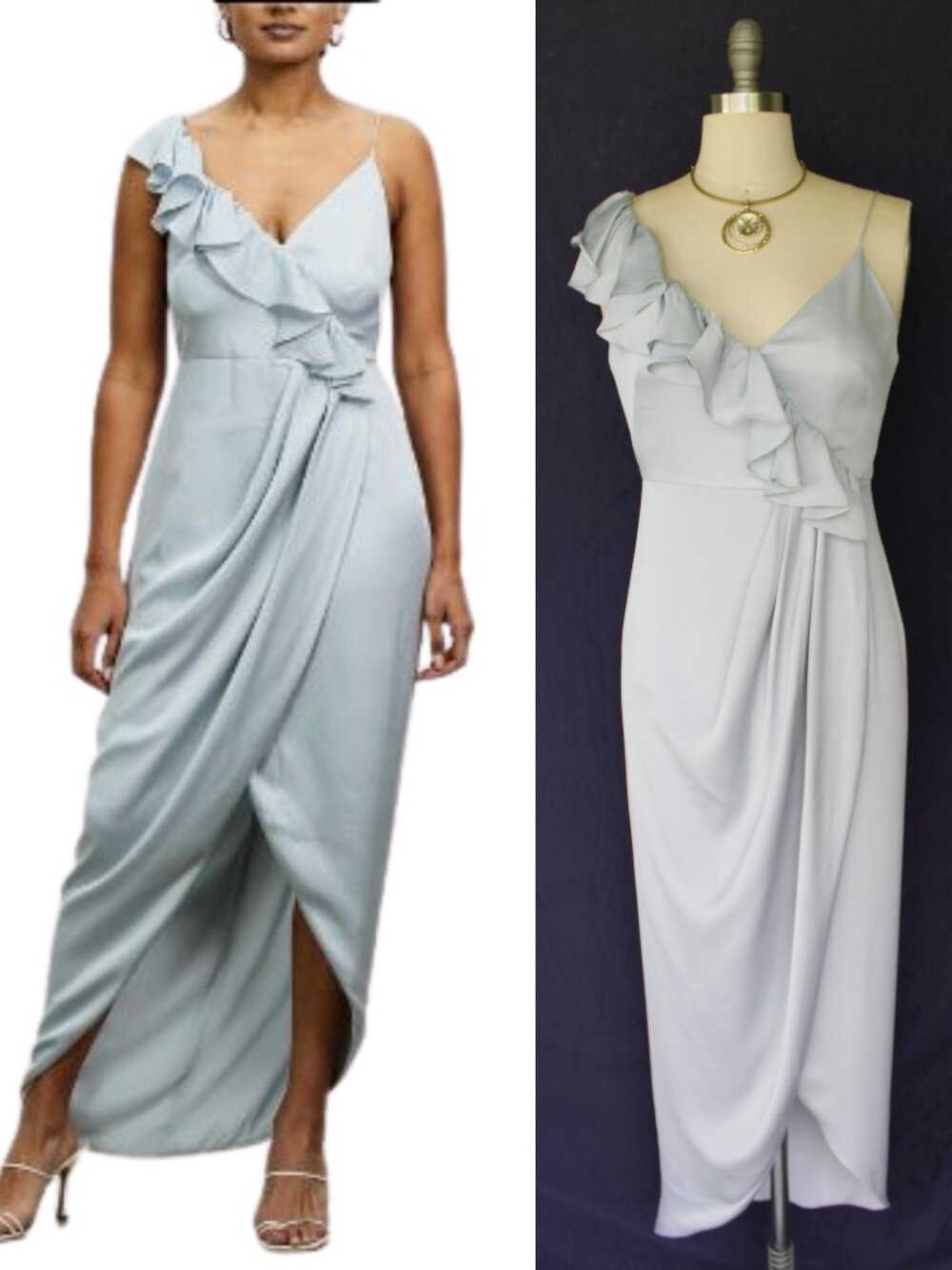 Shona joy Luxe Asymmetrical frill draped dress cloud blue gray ruffle midi wrap
